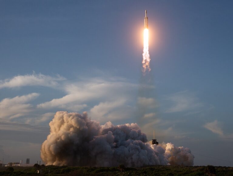 A SpaceX Falcon Heavy rocket carrying NASA's Roman Space Telescope lifts off from Kennedy Space Center