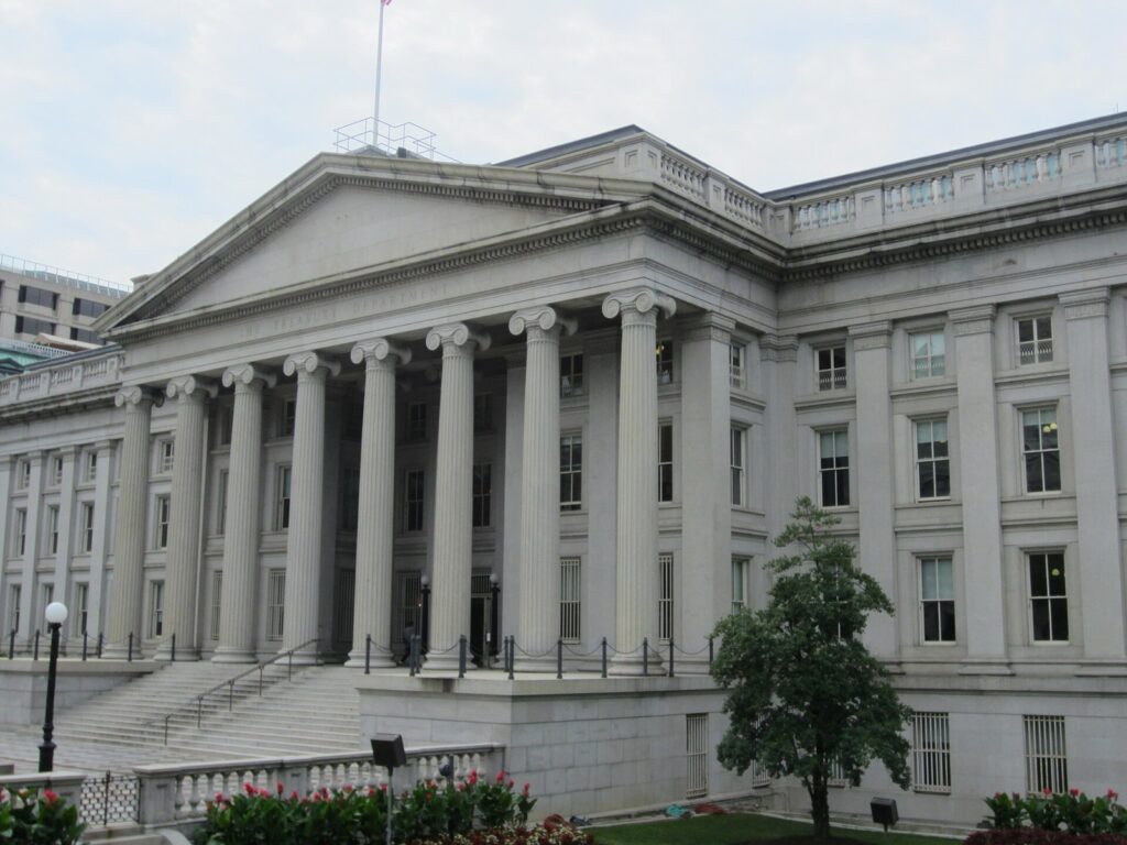 The U.S. Treasury Department building and its columned portico in Washington, D.C.