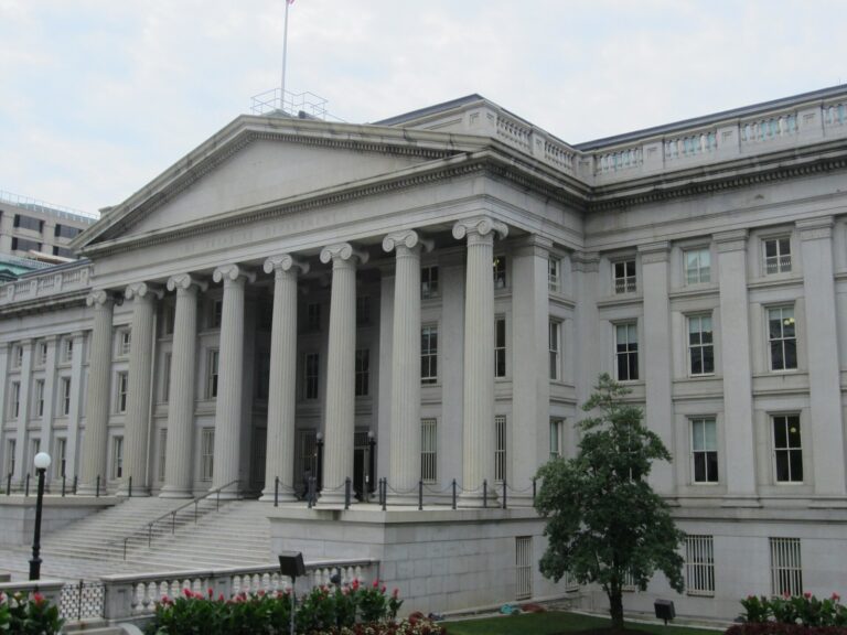 The U.S. Treasury Department building and its columned portico in Washington, D.C.