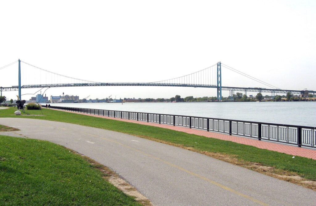 The Ambassador Bridge spanning the Detroit River between Windsor, Ontario, and Detroit, Michigan