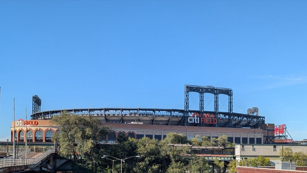 Citi Field, home of the New York Mets, seen from the Flushing Meadows pedestrian bridge in Queens