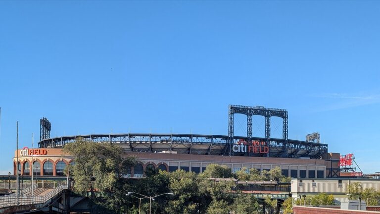 Citi Field, home of the New York Mets, seen from the Flushing Meadows pedestrian bridge in Queens
