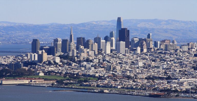 The San Francisco skyline and bay seen from the Marin Headlands
